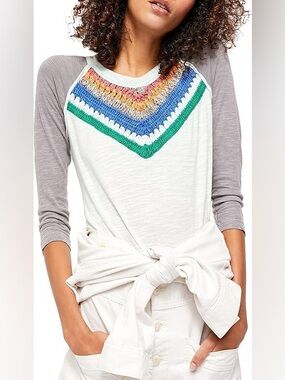 Free People Spring Bound White Raglan Top with Multicolor Crochet Yoke